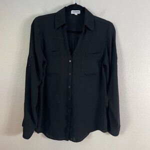Express Portofino Shirt Womens Medium Black Button Up Roll Tab Sleeve Blouse